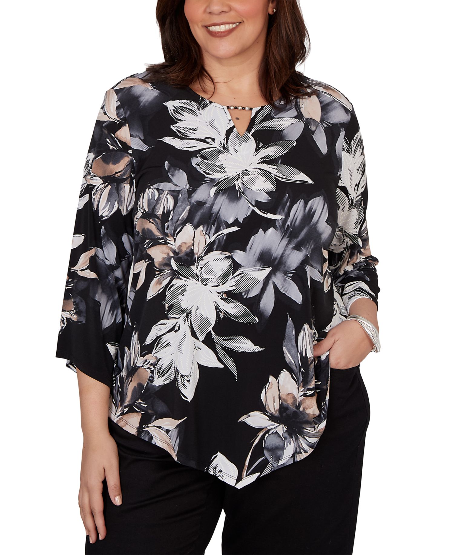 Plus Size Watercolor Floral Puff Printed Top