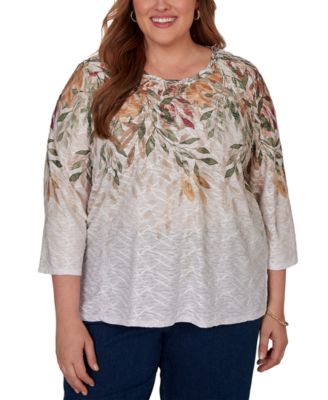 Plus Size Autumn Leaves Braided Neck Top