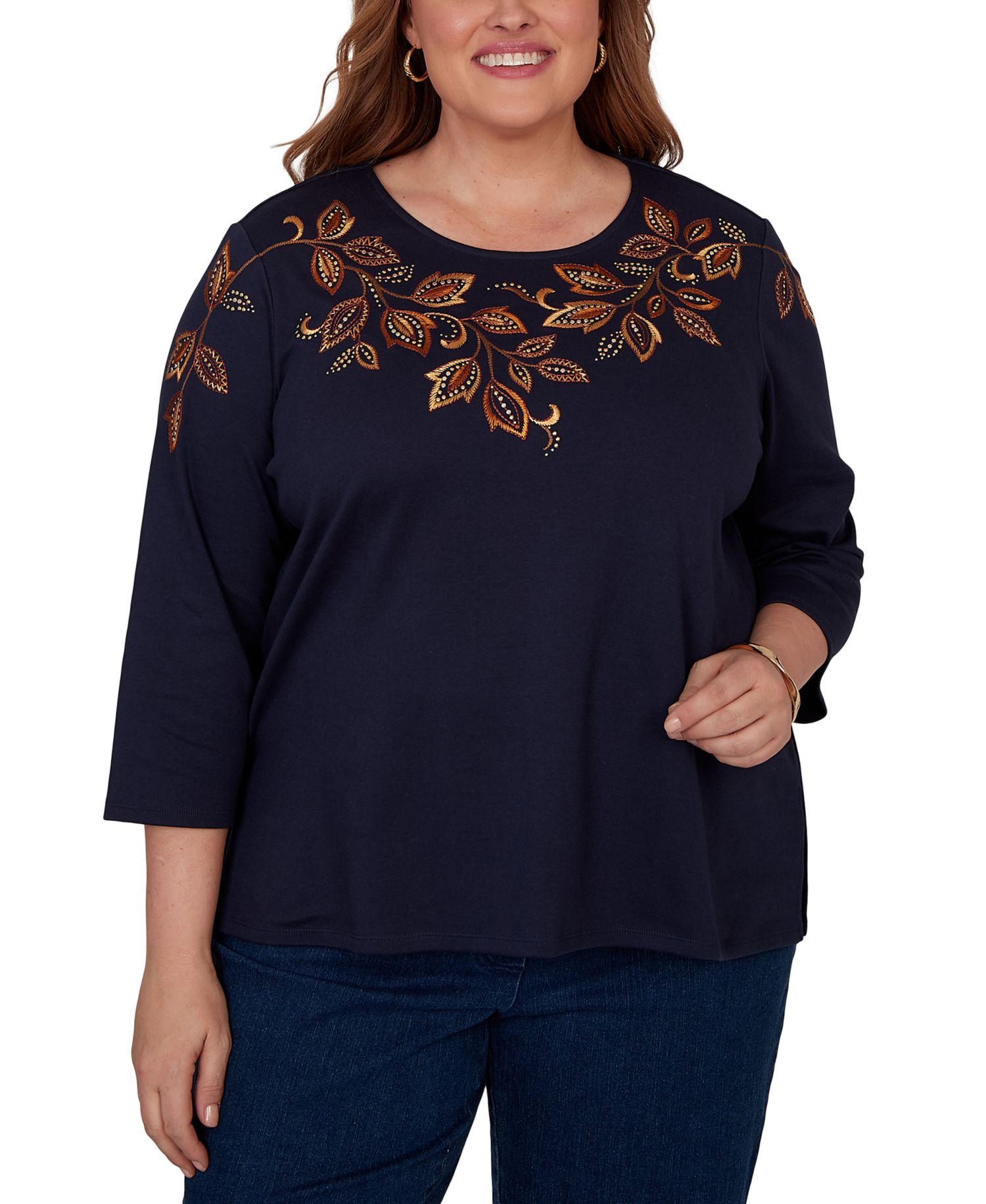 Plus Size Autumn Embroidered Navy Knit Top