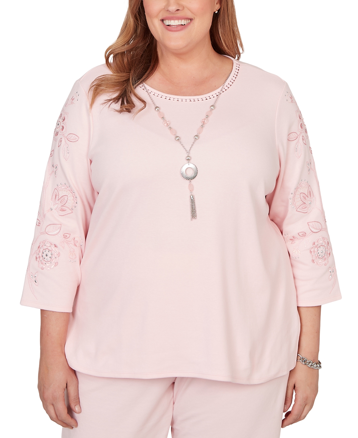 Alfred Dunner Plus Size Embroidered Floral Sleeve Accent Top with Necklace - Pink