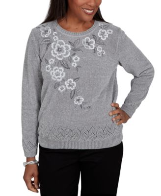 Women's Classic Embroidered Floral Textured Chenille Sweater