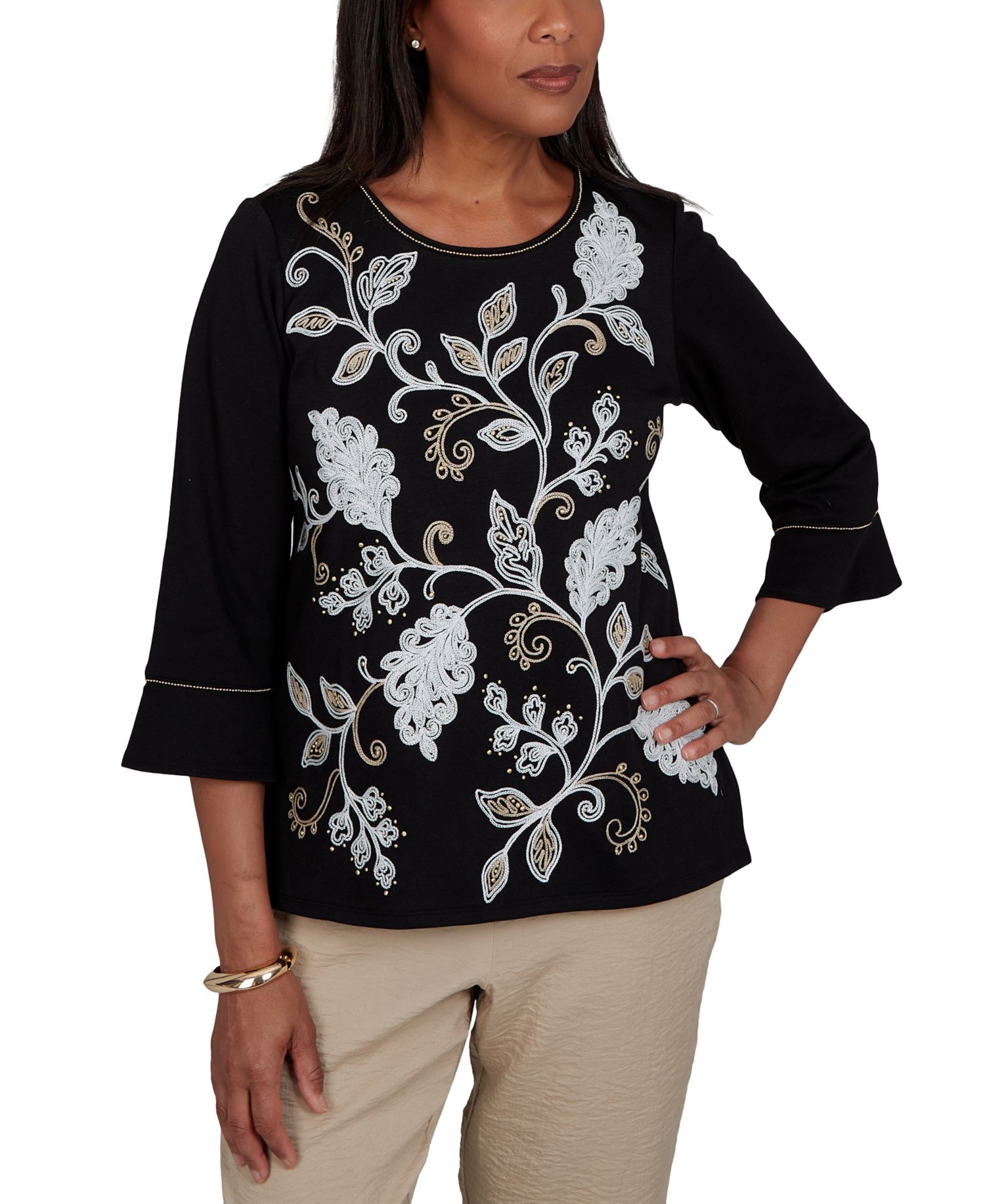 Women's Travel Advisory Scroll Leaf Embroidered Top