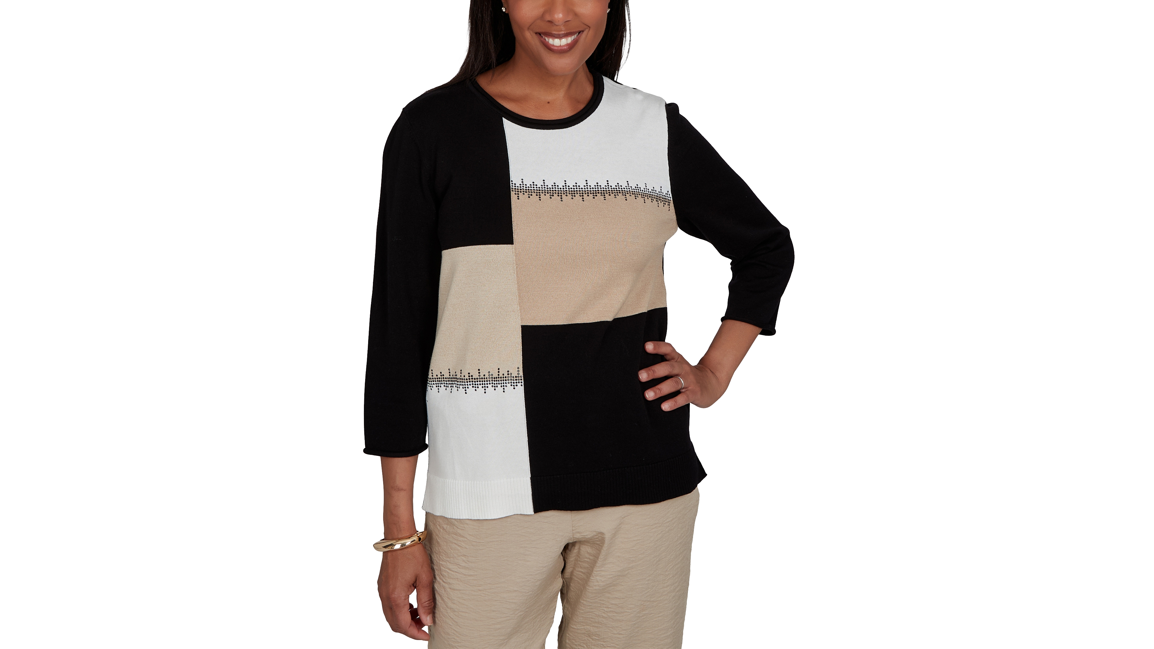 Alfred Dunner Women's Travel Advisory Neutral Colorblock Embellished Sweater