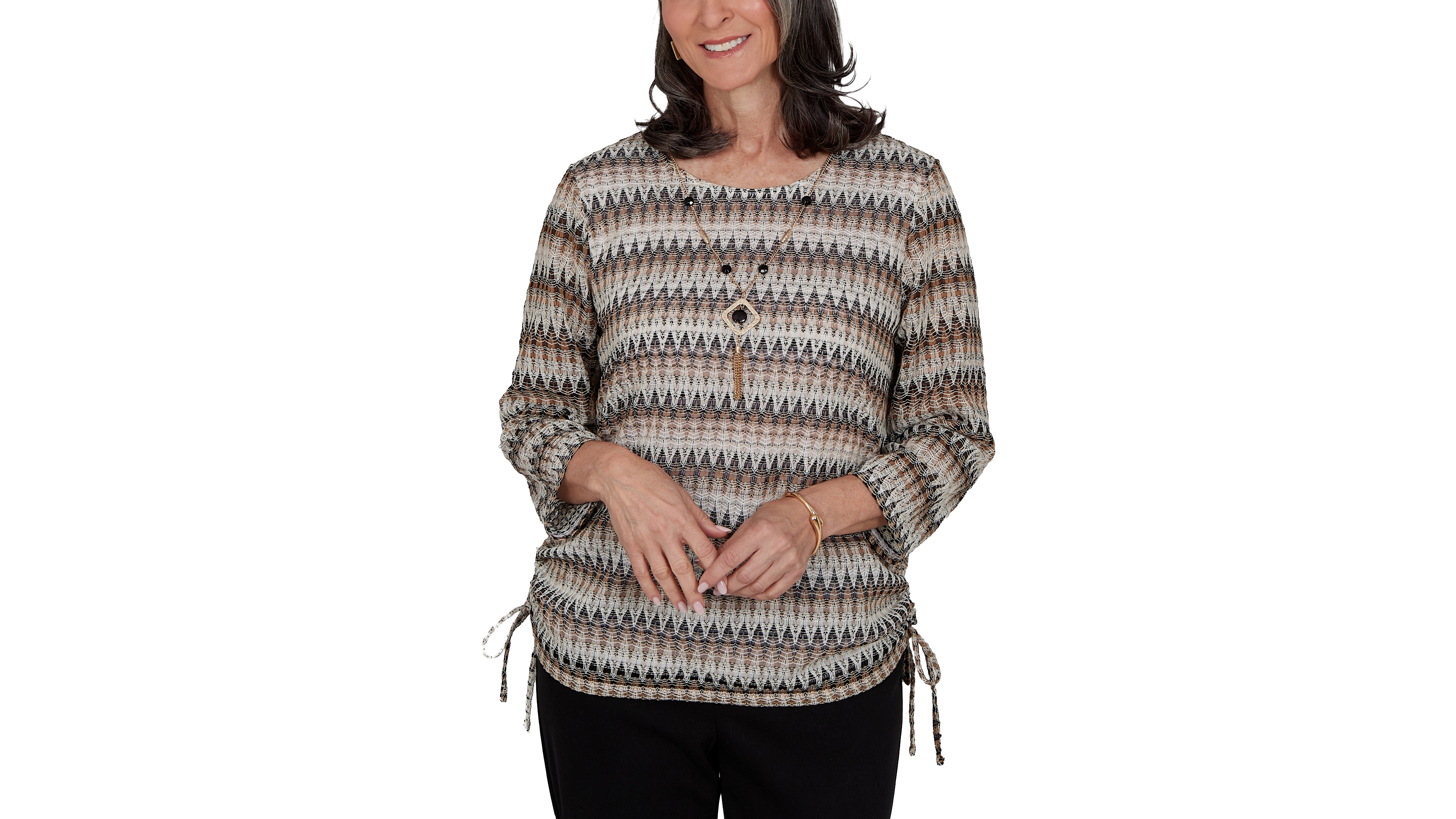 Alfred Dunner Petite Travel Advisory Biadere Textured Top With Necklace
