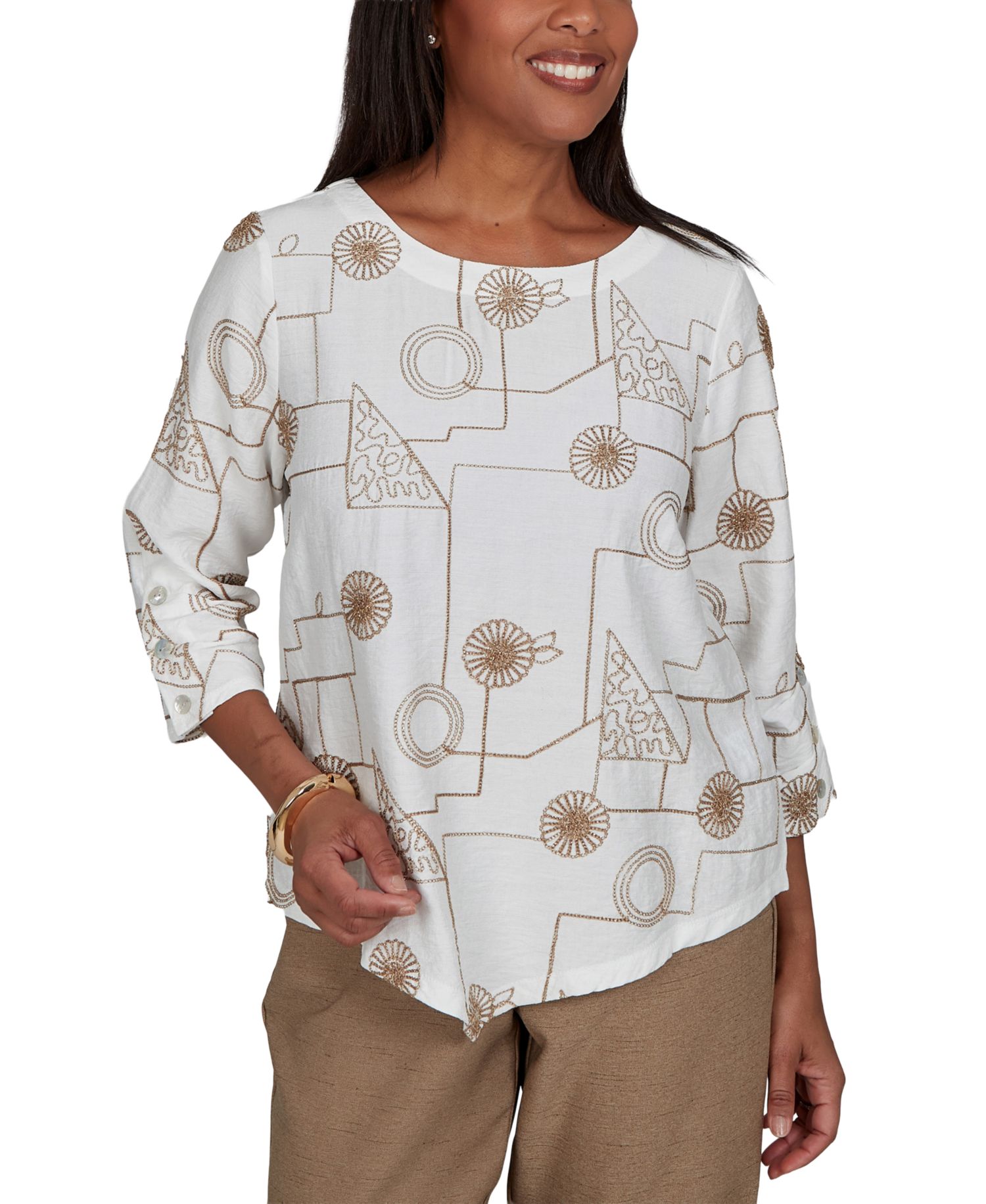 Petite Union Square Geometric-Floral 3/4-Sleeve Crewneck Rayon-Nylon Blend Blouse