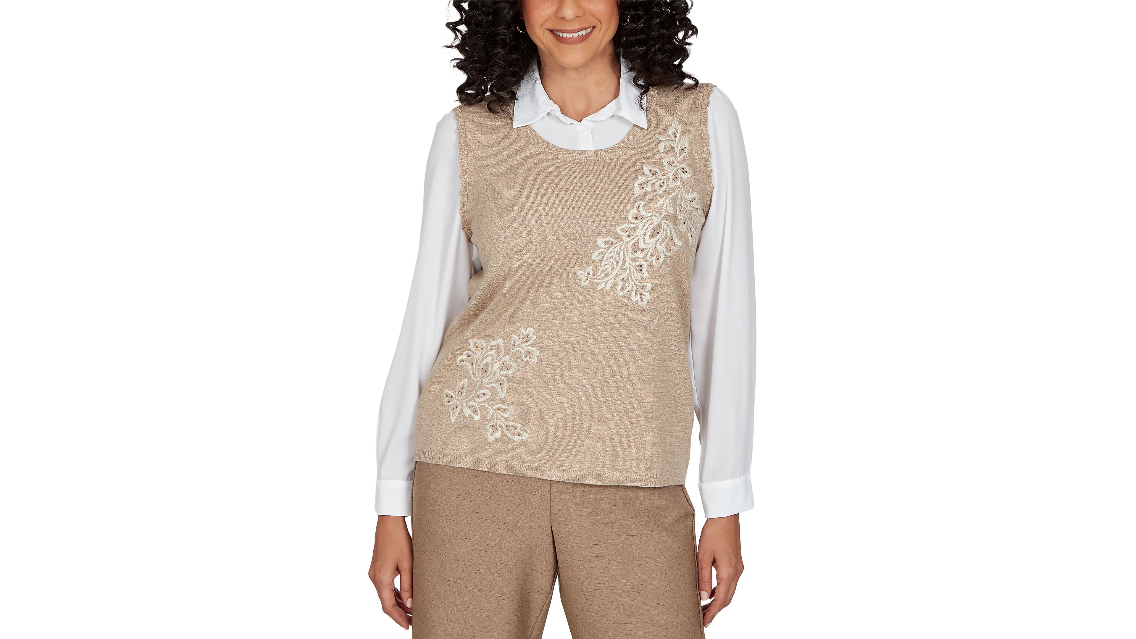 Alfred Dunner Petite Union Square Embroidered Vest Two One Sweater