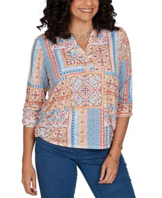 Women's Floral 3/4-Sleeve Split-Neck Knit Top