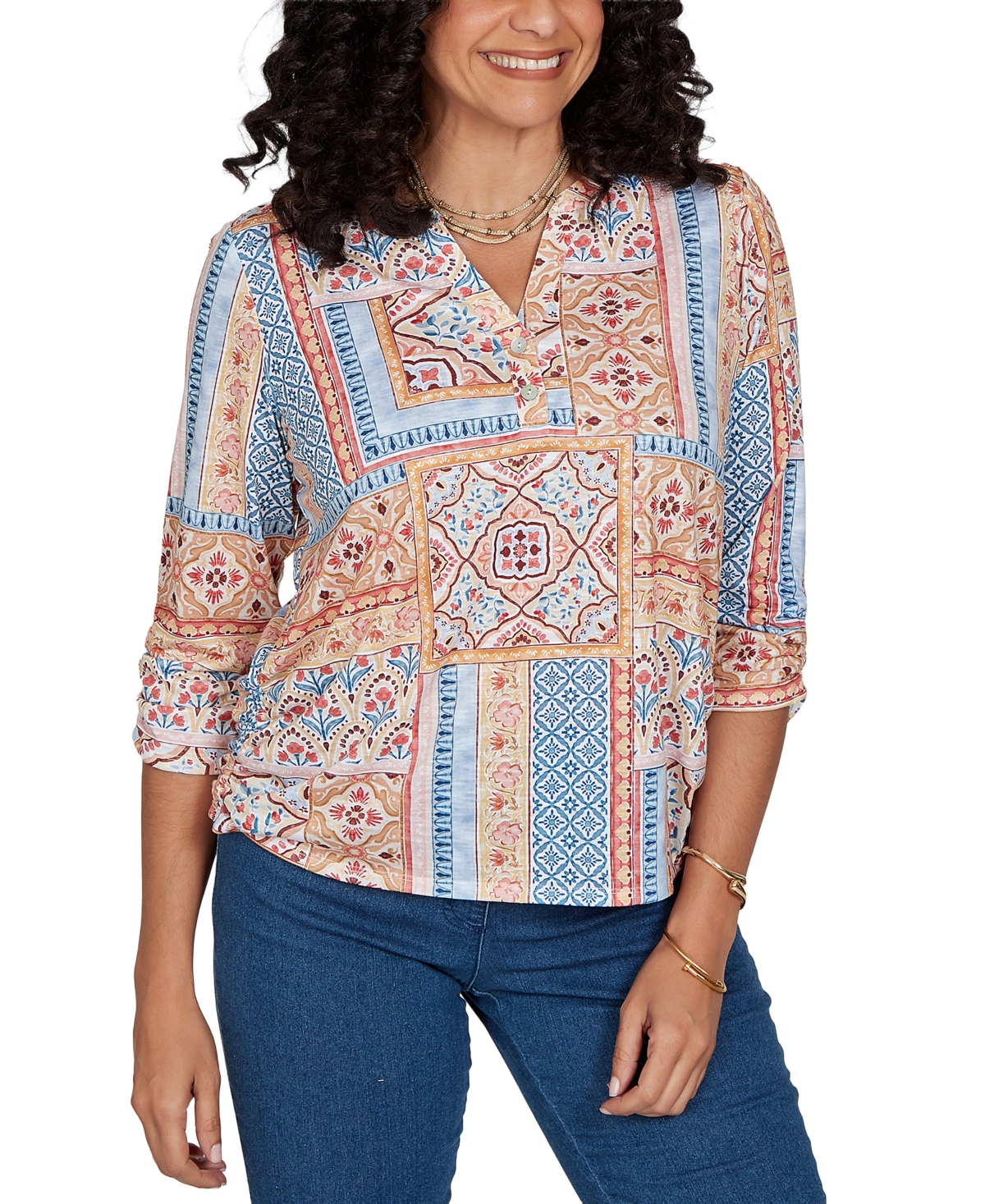 Alfred Dunner Women's Floral 3/4-Sleeve Split-Neck Knit Top