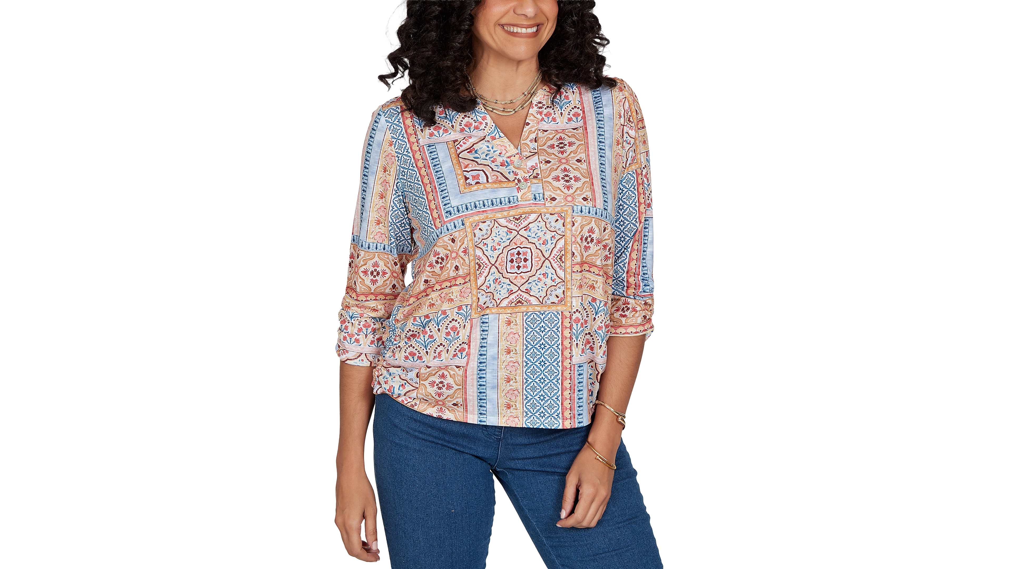 Alfred Dunner Women's Floral 3/4-Sleeve Split-Neck Knit Top