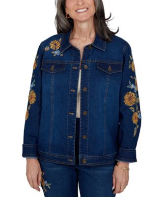 Petite Denim Floral-Embroidered Jacket