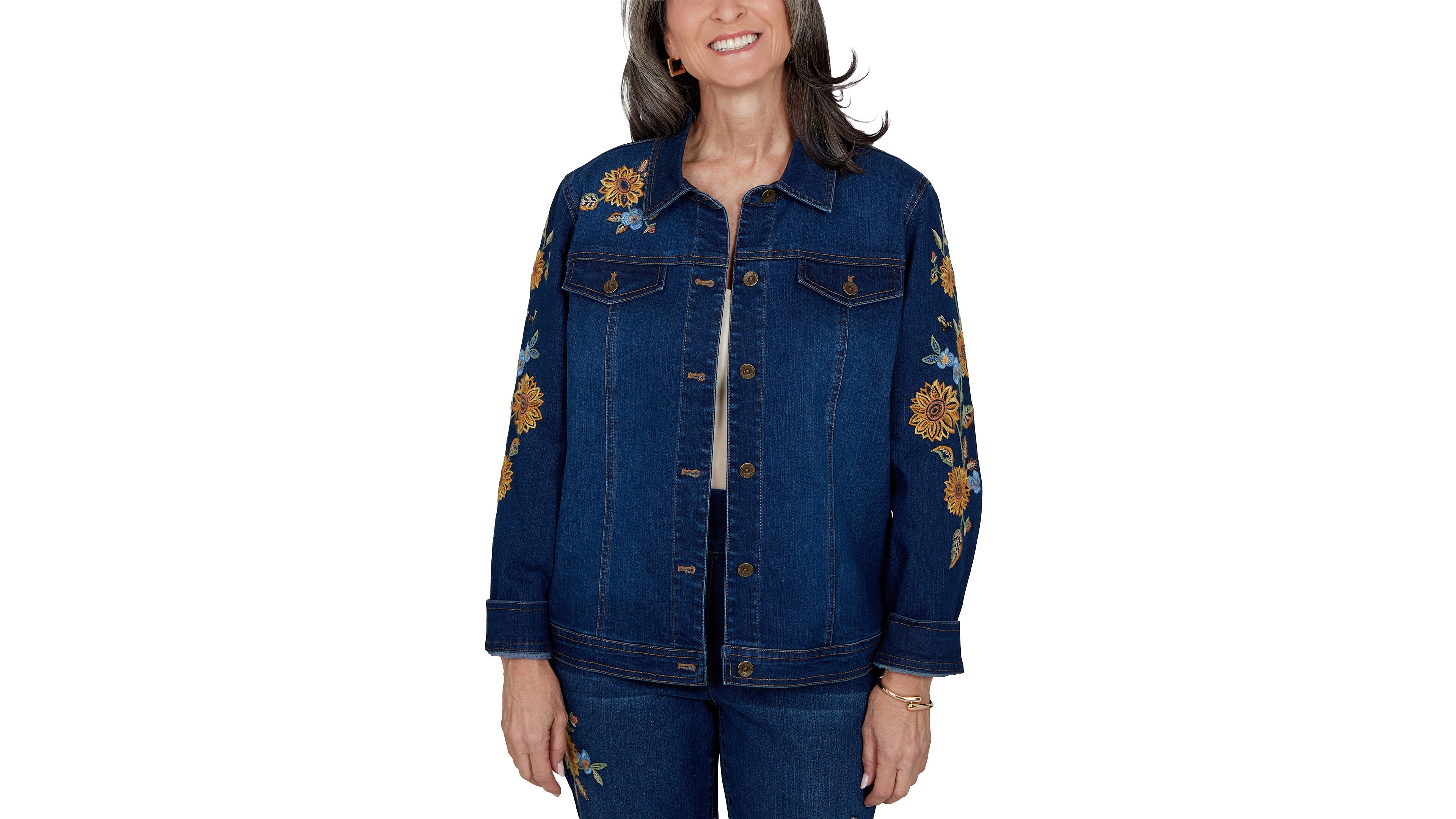 Alfred Dunner Petite Denim Floral-Embroidered Jacket