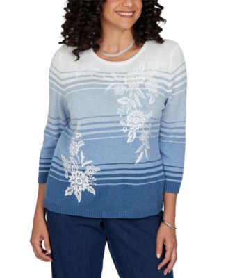 Petite Crewneck 3/4-Sleeve Stripe Sweater