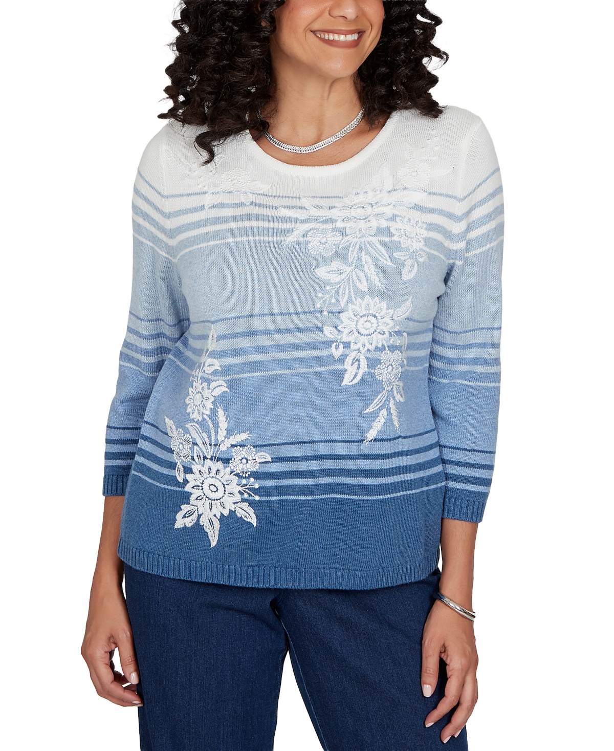 Alfred Dunner Petite Crewneck 3/4-Sleeve Stripe Sweater