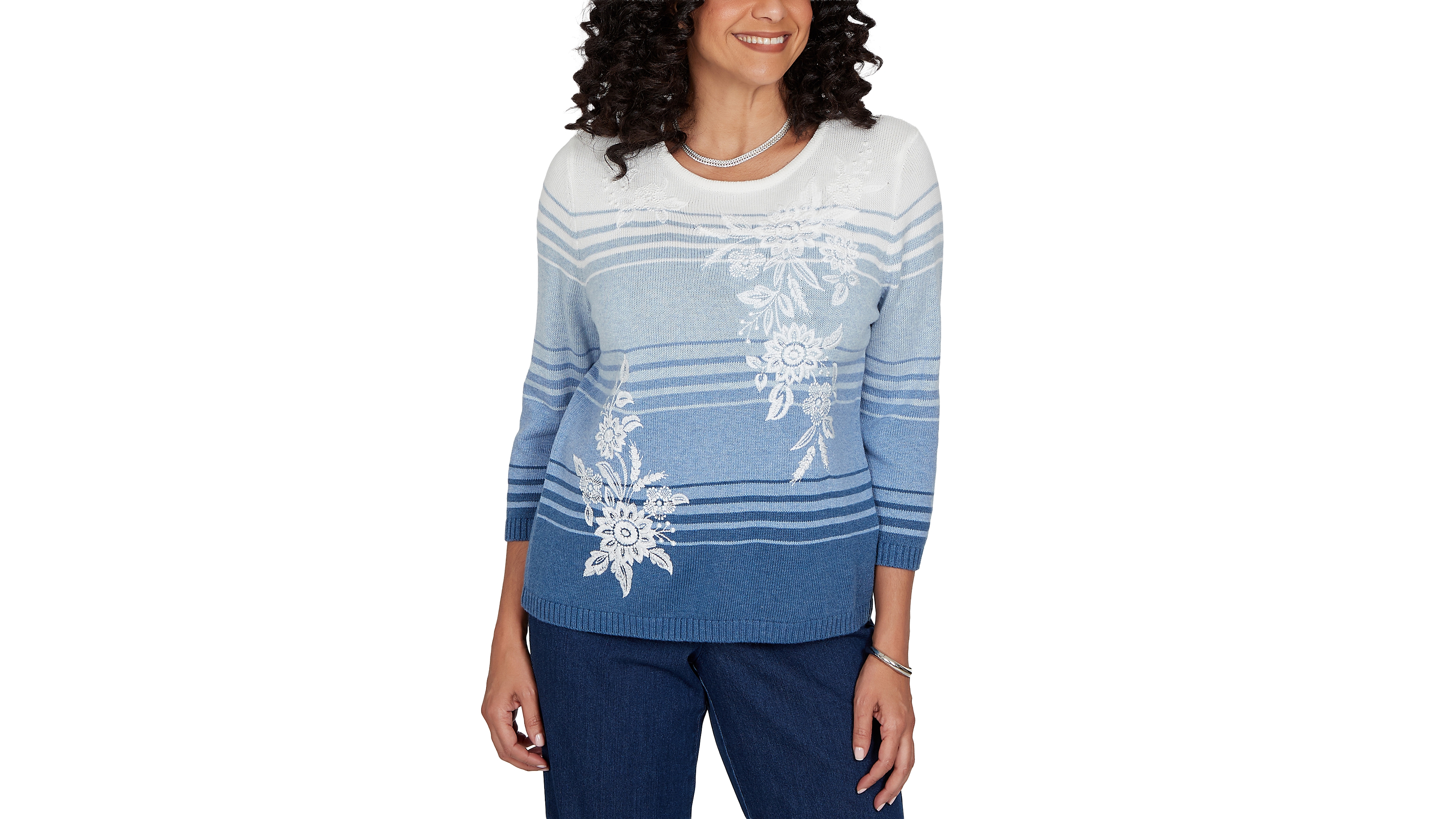 Alfred Dunner Petite Crewneck 3/4-Sleeve Stripe Sweater