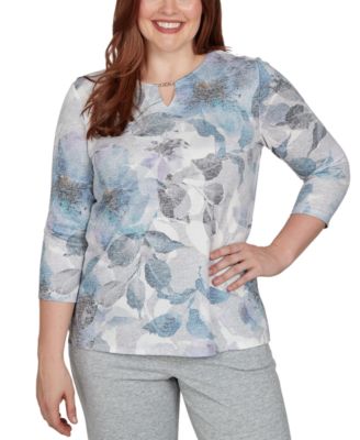 Women's Floral 3/4-Sleeve Keyhole-Neck T-Shirt