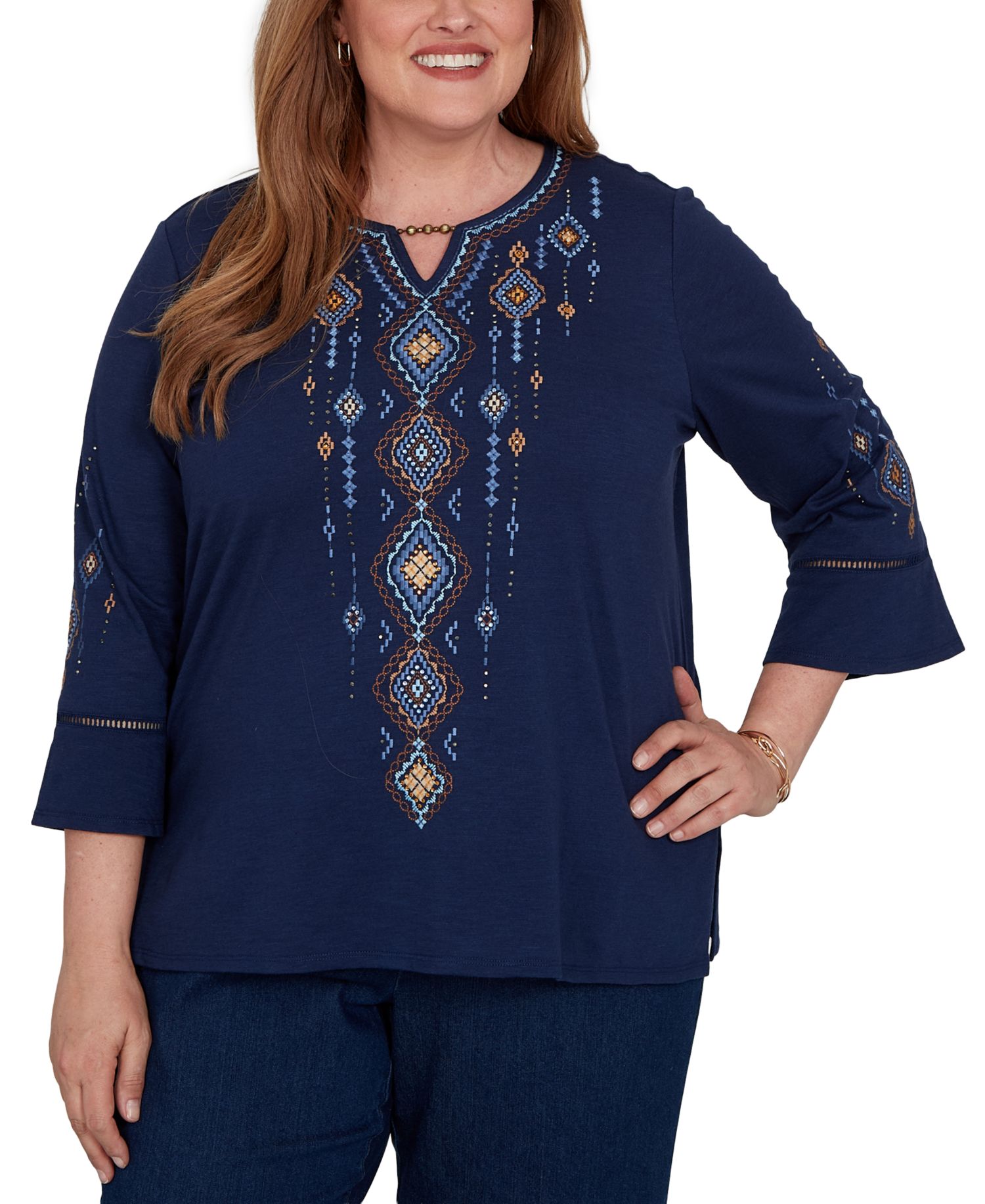 Plus Size Keyhole Neck 3/4-Length Bell-Sleeve Top