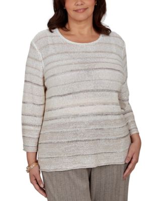 Plus Size Crew Neck 3/4-Sleeve Striped Sweater