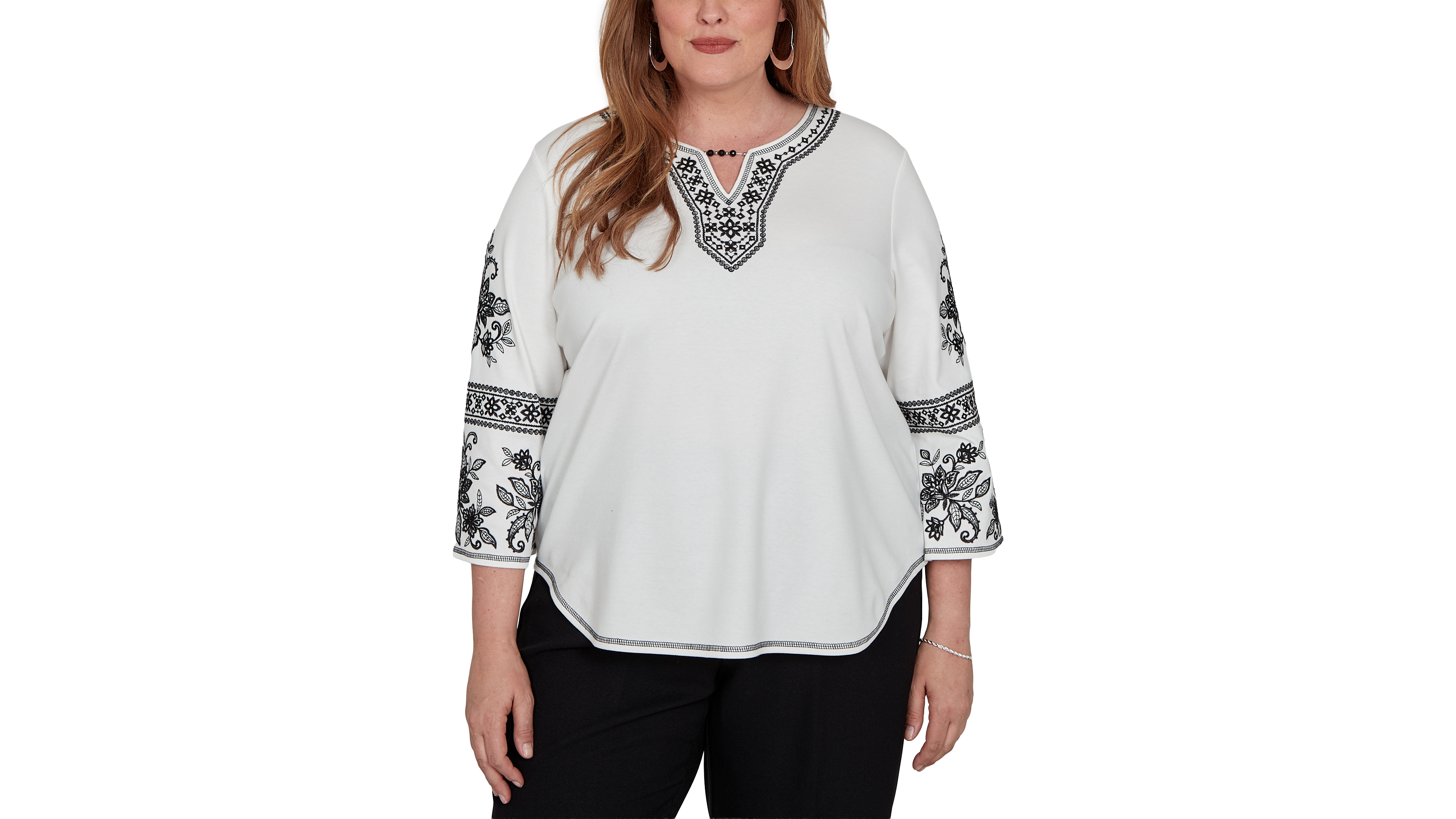 Alfred Dunner Plus 3/4-Sleeve Keyhole Neck Cotton-Blend Blouse