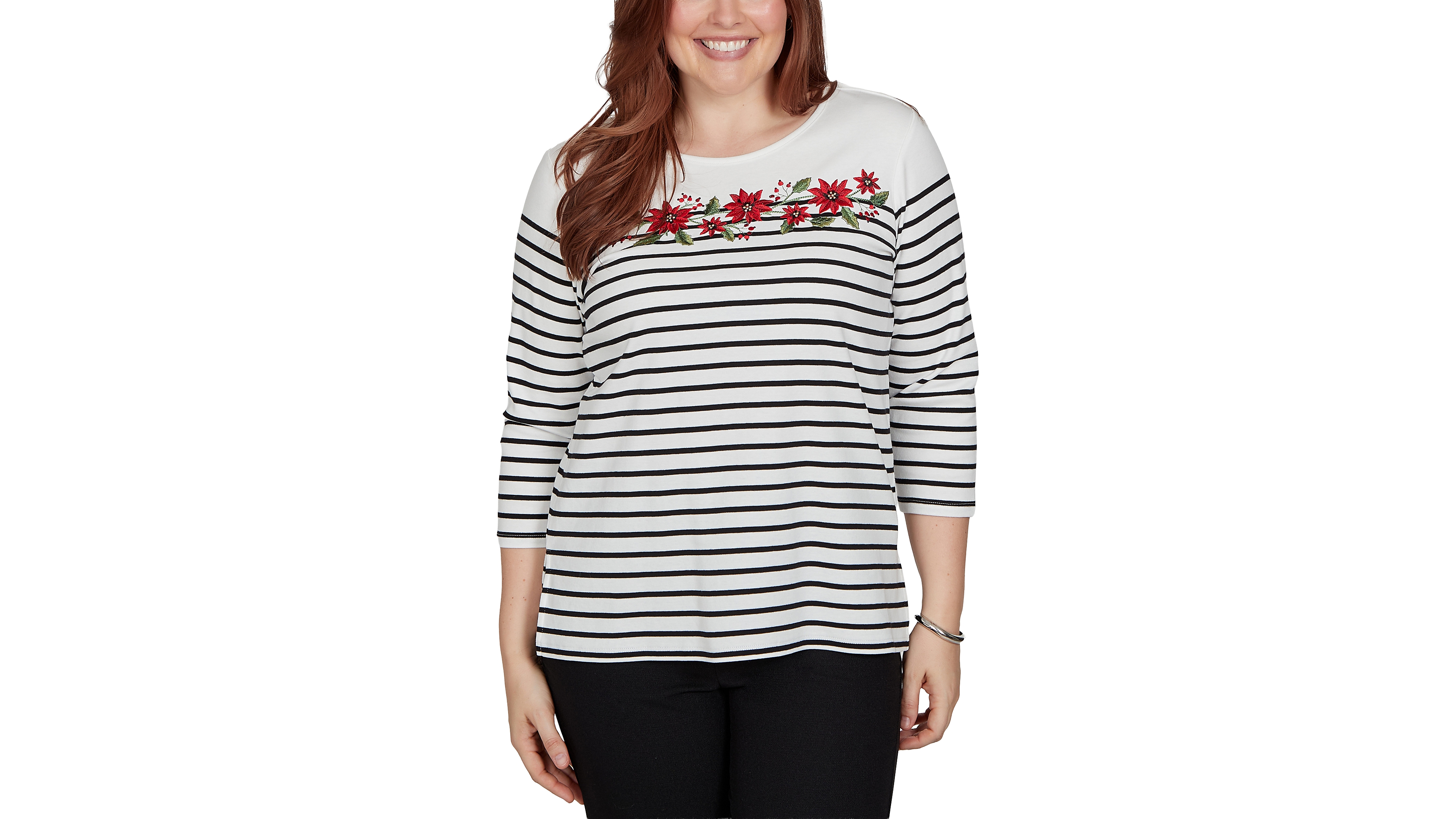 Alfred Dunner Women's Classic Poinsettia Stripe Knit Top