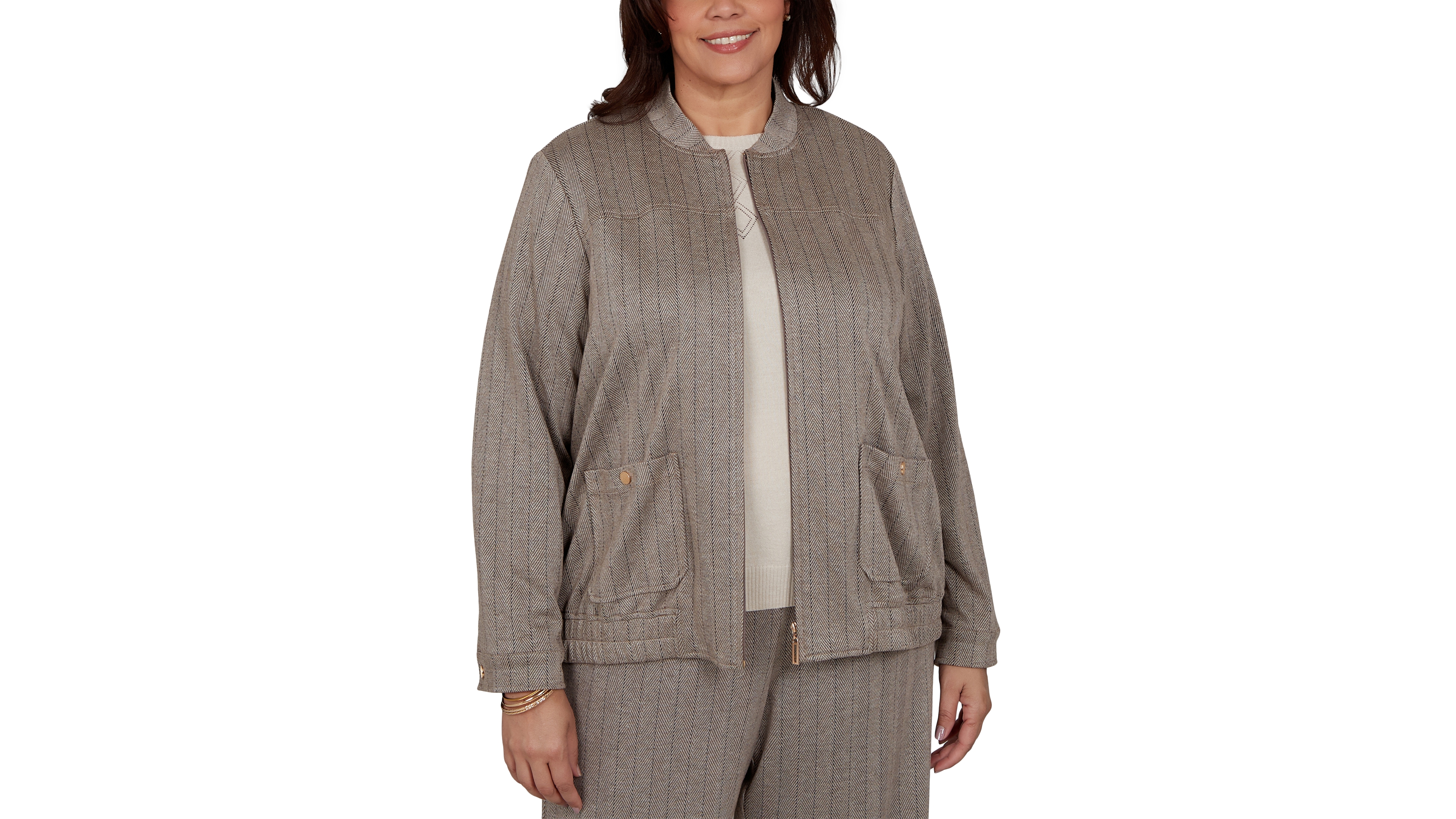 Alfred Dunner Plus Striped Mandarin Collar Bomber Jacket