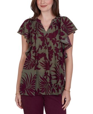 Petite Tropical Print Gauze Flutter-Sleeve Top