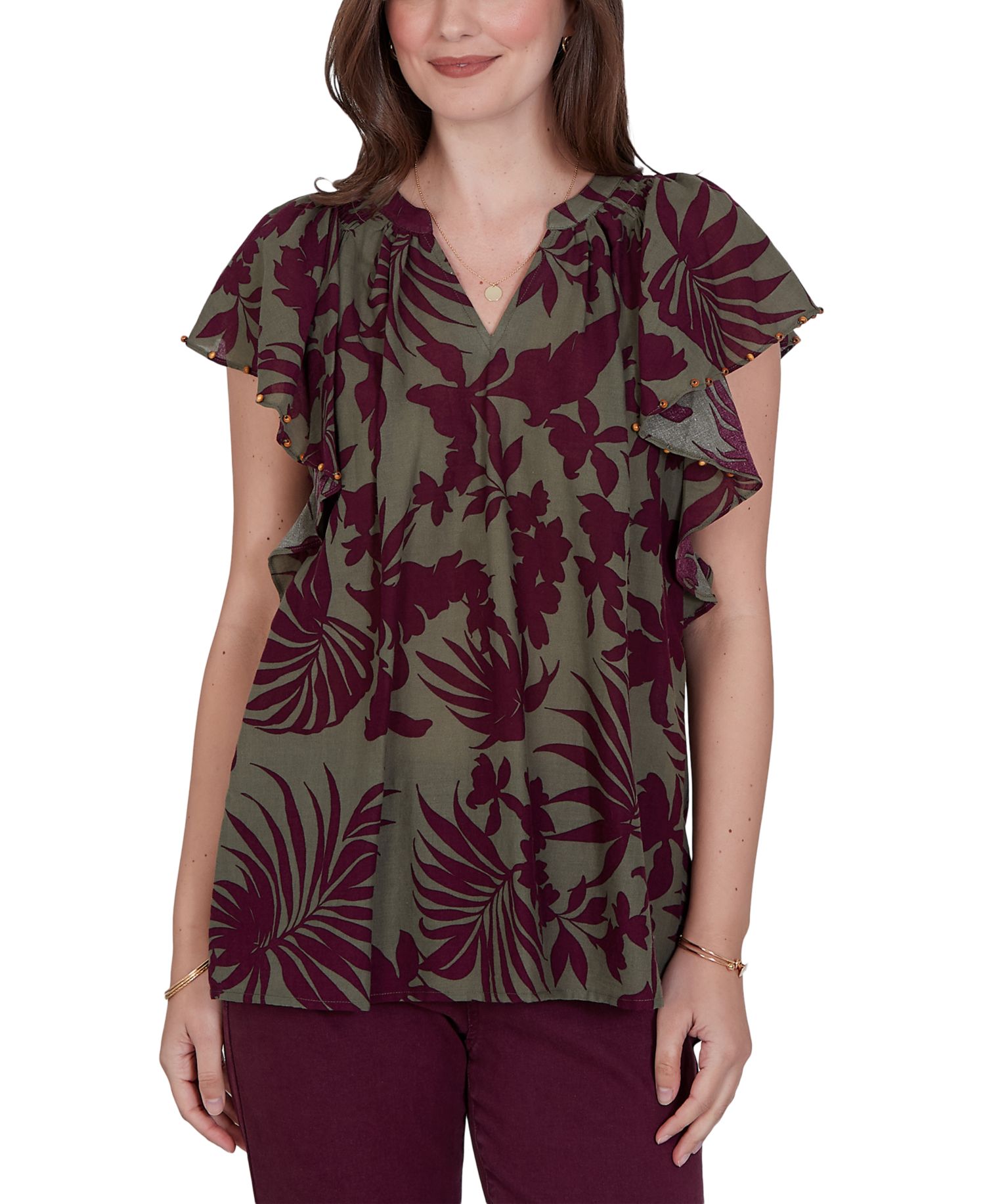 Petite Tropical Print Gauze Flutter-Sleeve Top