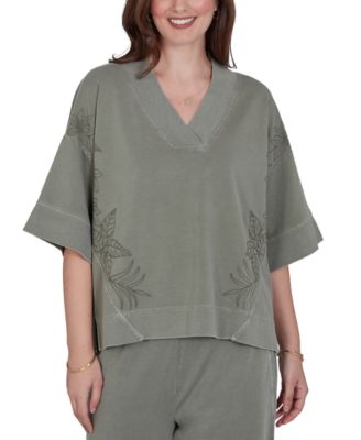 Petite Tropical Embroidered Knit Top