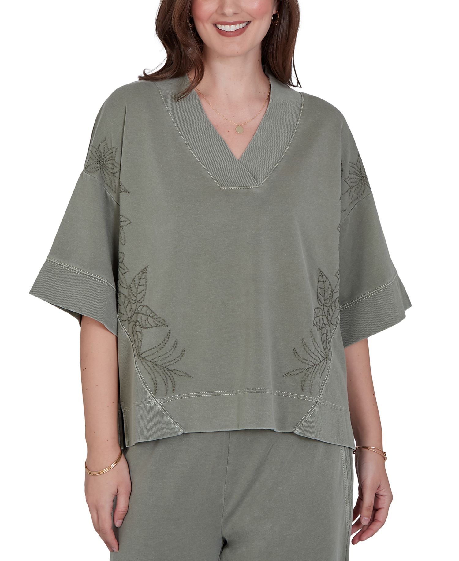 Petite Tropical Embroidered Knit Top