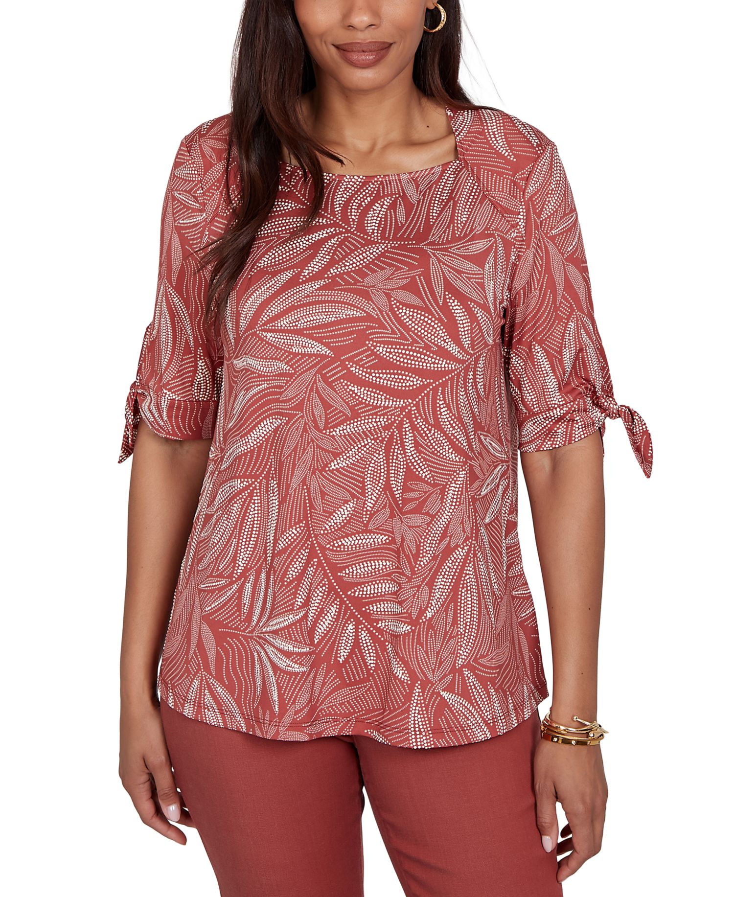 Petite Leaf Puff Print Knit Tie-Sleeve Top