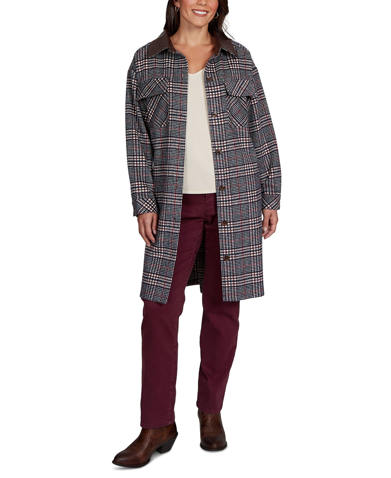 Petite Brushed Plaid Mid-Length Shirt Jacket