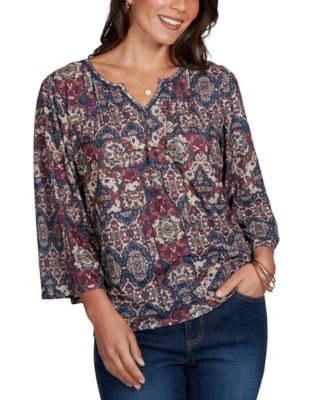 Petite Patchwork 3/4-Sleeve Henley Blouse