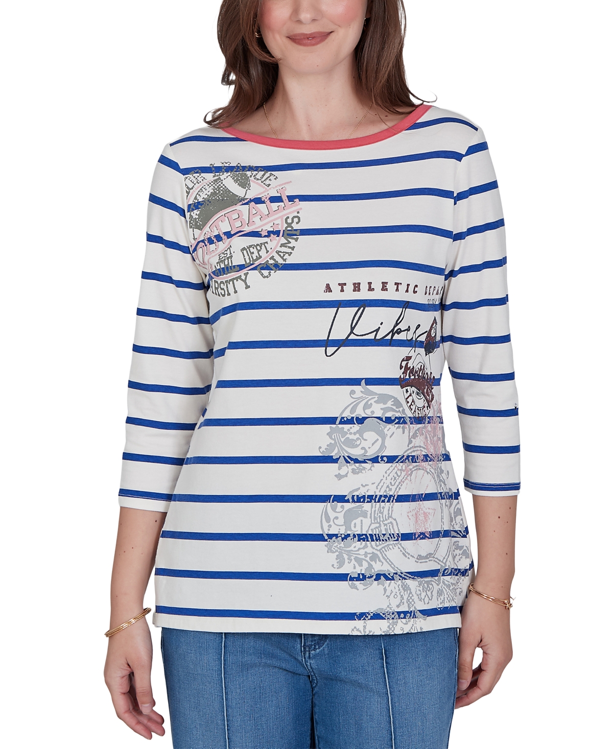 Ruby Rd. Petite Varsity Striped 3/4-Sleeve Boat-Neck Tee