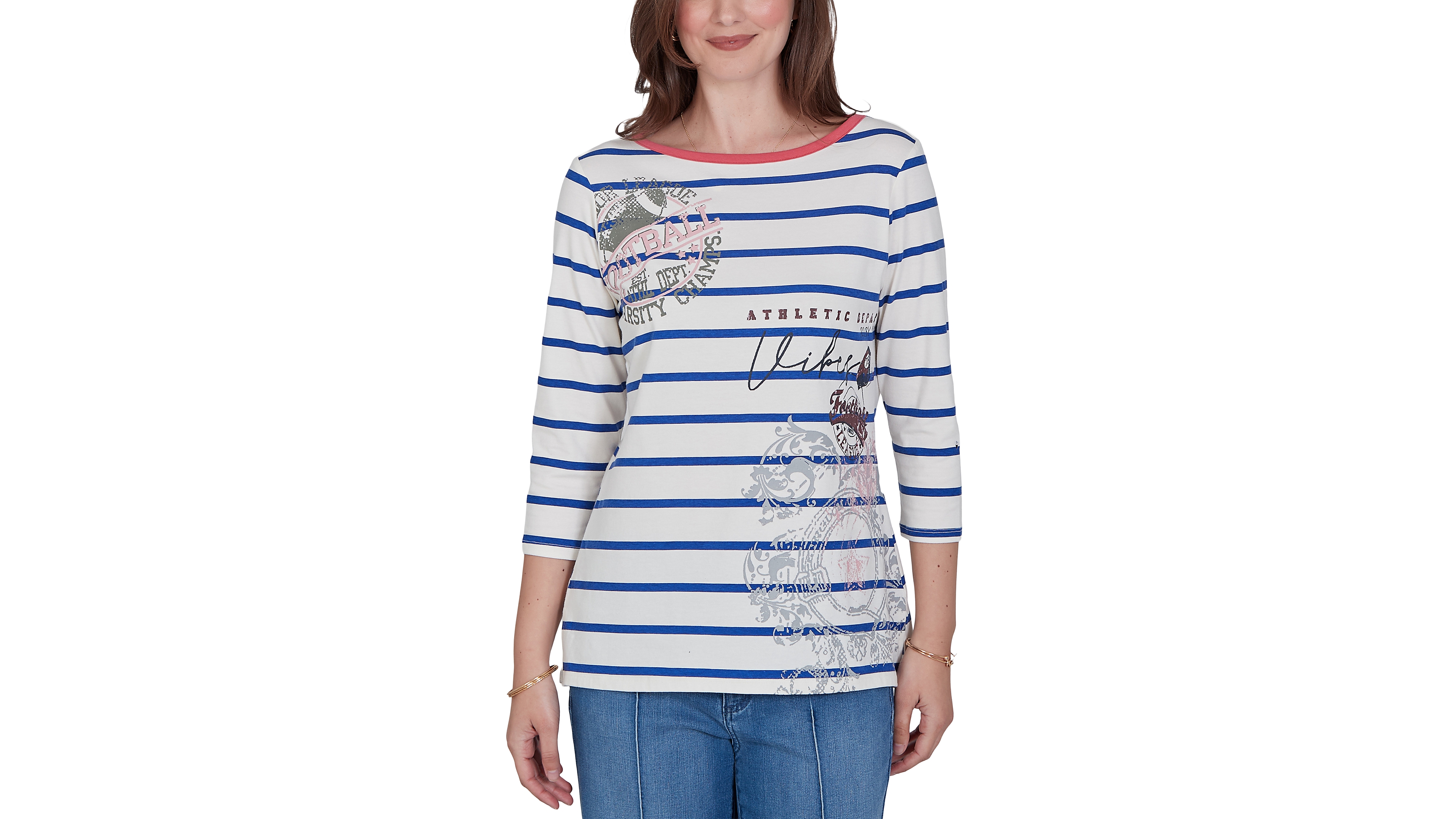 Ruby Rd. Petite Varsity Striped 3/4-Sleeve Boat-Neck Tee