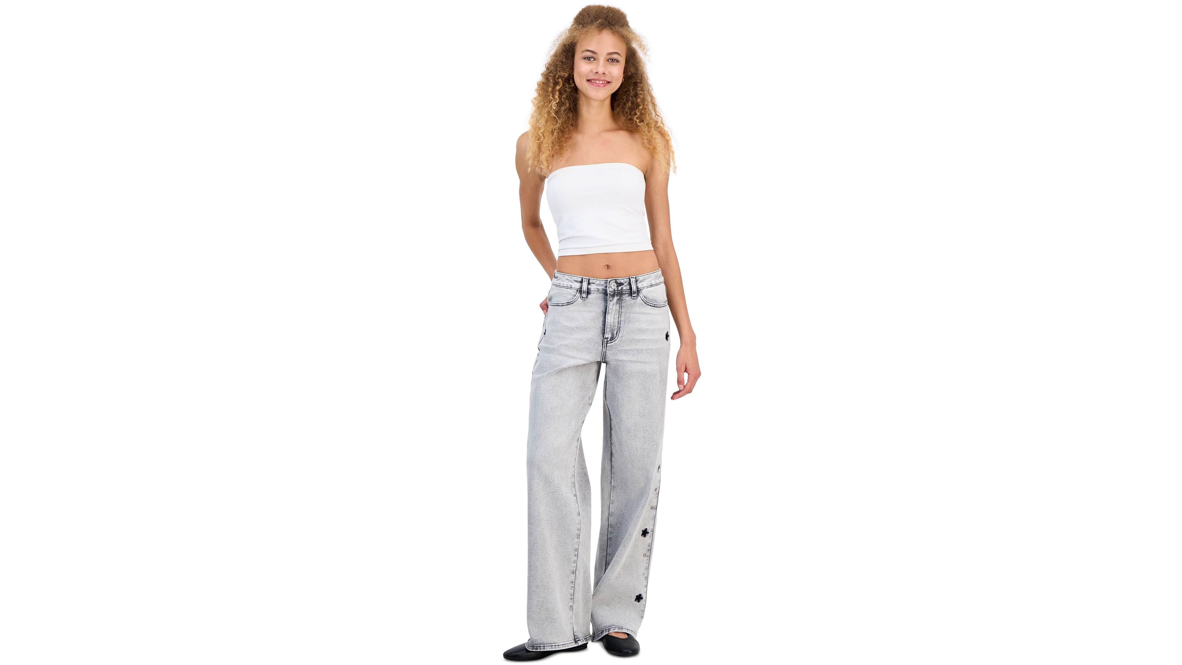 Madden Girl Juniors' Star Stud Mid Rise Wide Leg Jeans