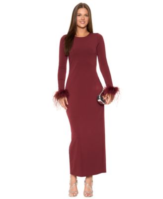 Women's Roberta Long-Sleeve Midi Dress with Feather-Trimmed Cuffs