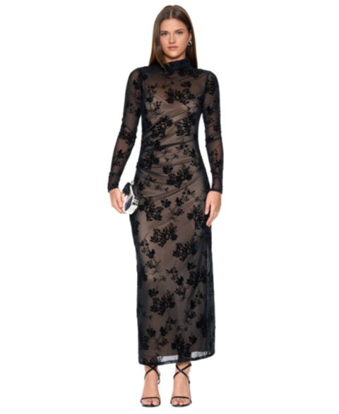 Женское платье RACHEL Rachel Roy Ramy Floral-Flocked Long-Sleeve Body-Con Midi, цвет: Чёрный