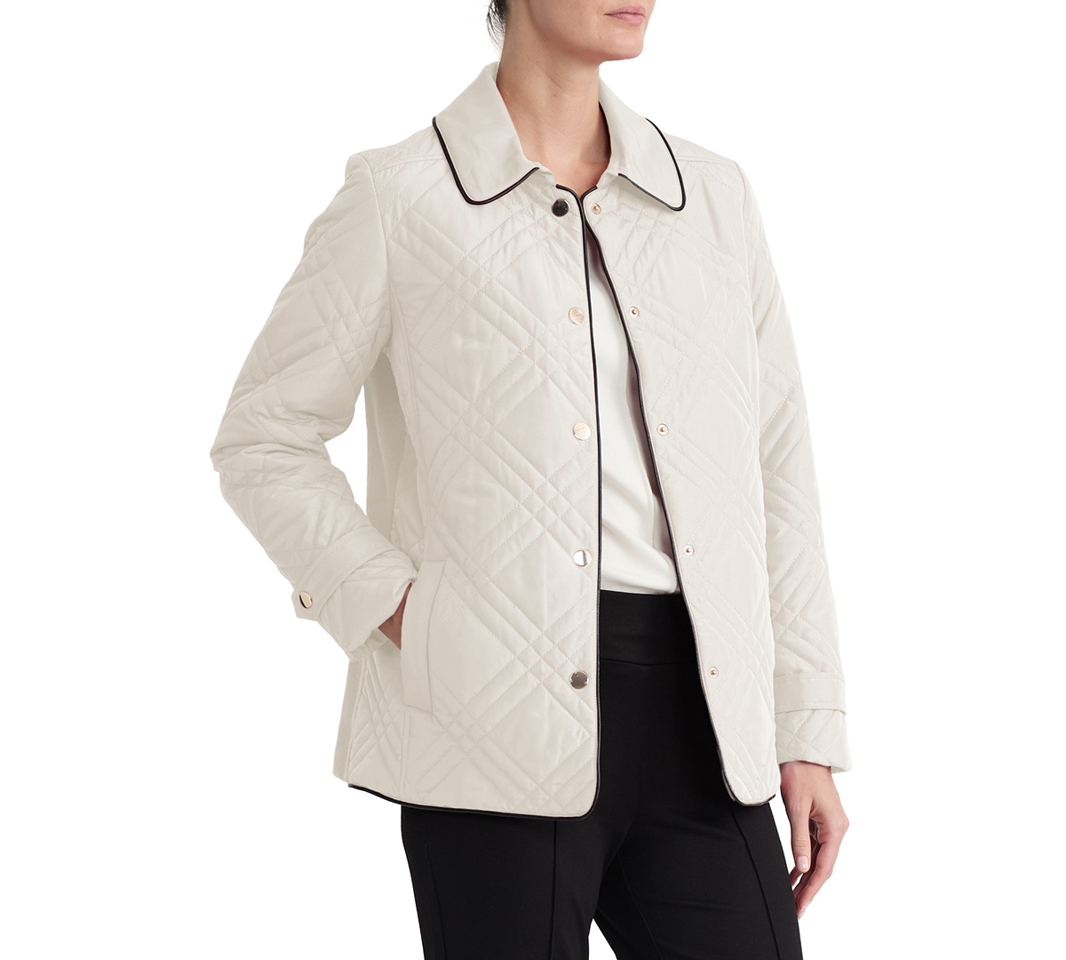Jones New York Women's Triple-Diamond-Quilted Faux-Leather-Piping Jacket - White Sand/Jones Black