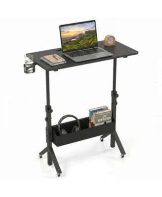 Mobile Standing Desk Height Adjustable Rolling Laptop Desk with Cup Holder Storage Basket