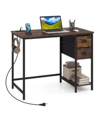 Computer Desk with Charging Station and 2 Fabric Drawers for Small Spaces