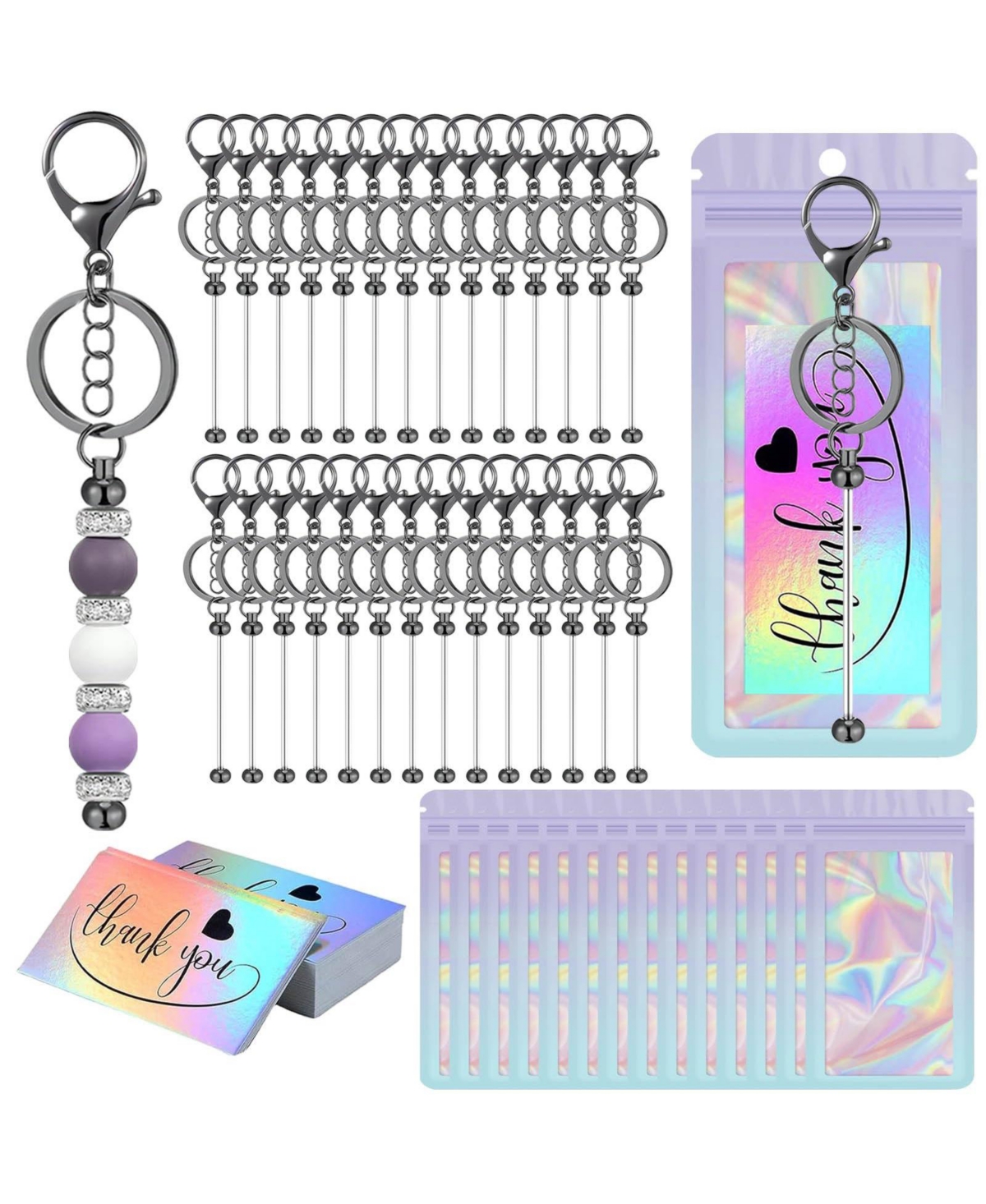 Aeelike Bulk Blank Beadable Keychain Bars Diy Beaded Making Supplies Kit With Bags And Thank You Cards