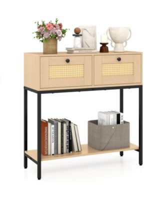 Rattan Console Table Boho Entryway Table with 2 Rattan Drawers and Open Storage Shelf