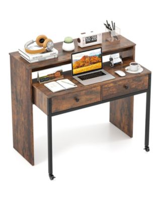 Extendable Computer Desk with 2 Storage Drawers Convertible Home Office Rolling Study Writing Desk