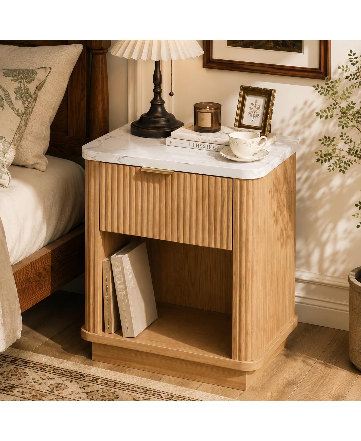 Streamdale Furniture Natural Wood Fluted Nightstand with Marble Top and Storage Drawer