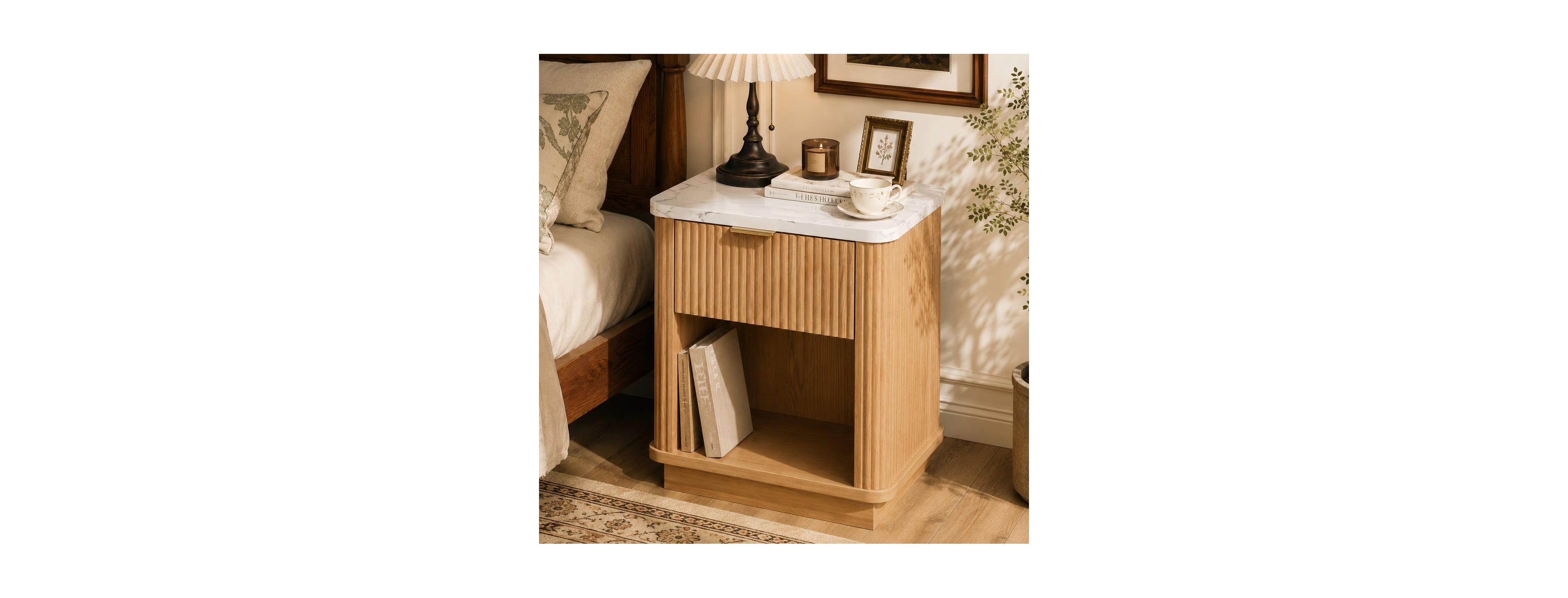Streamdale Furniture Natural Wood Fluted Nightstand with Marble Top and Storage Drawer