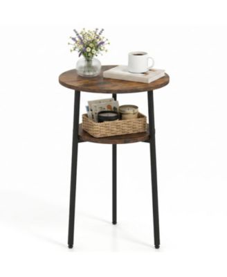 Set of 2 Round Side Table with Storage Shelf and Metal Frame for Living