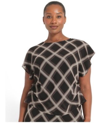 Plus Size Cameron Chiffon-Check Relaxed-Fit Short-Sleeve Blouse