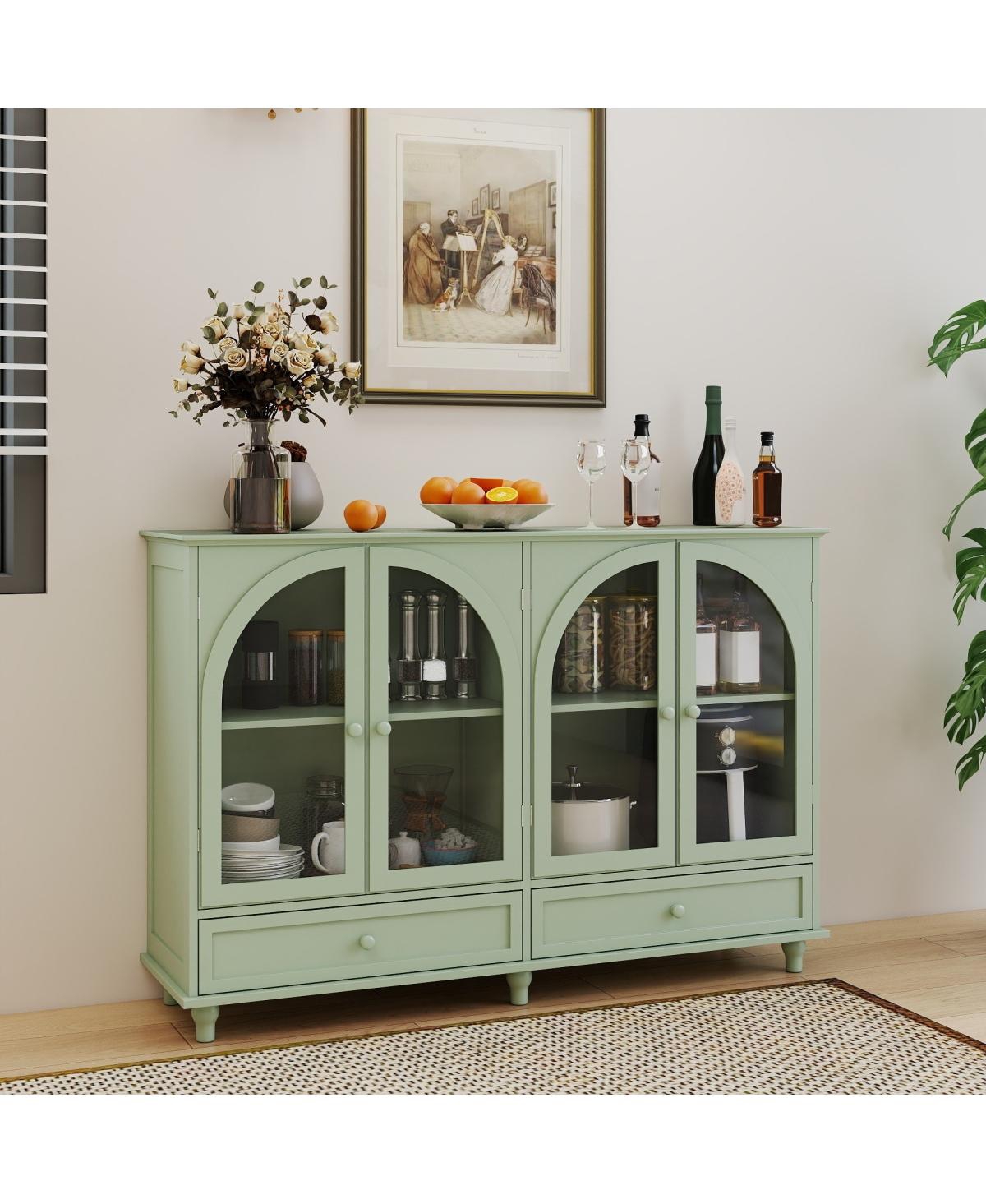 Streamdale Furniture Arched Glass Sideboard Buffet Cabinet with 4 Doors and 2 Drawers - Green