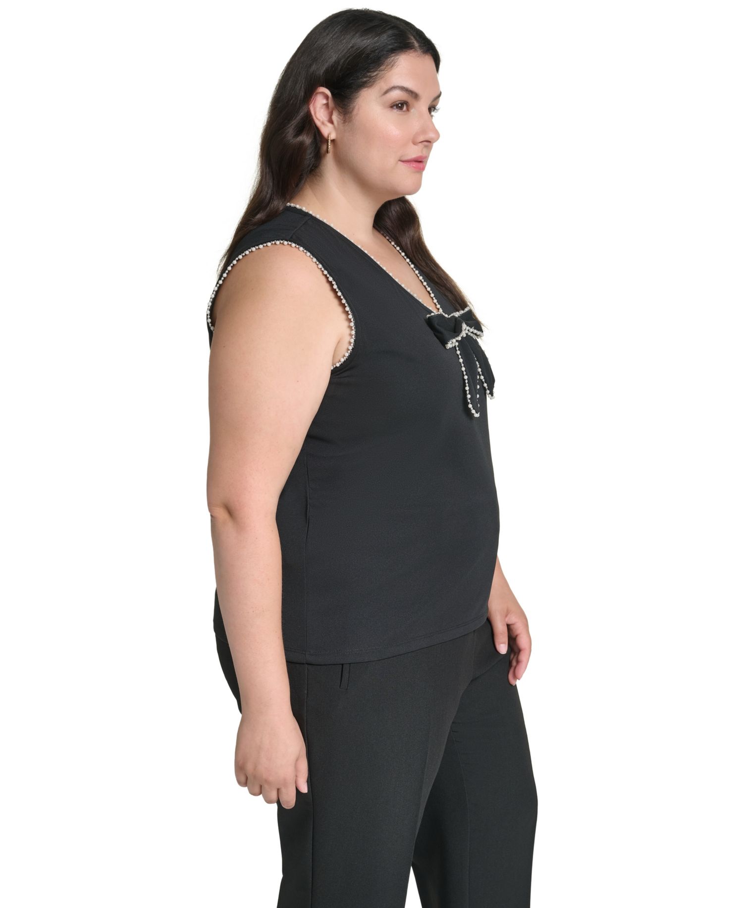 Plus Size V-Neck Sleeveless Imitation Pearl Bow Blouse