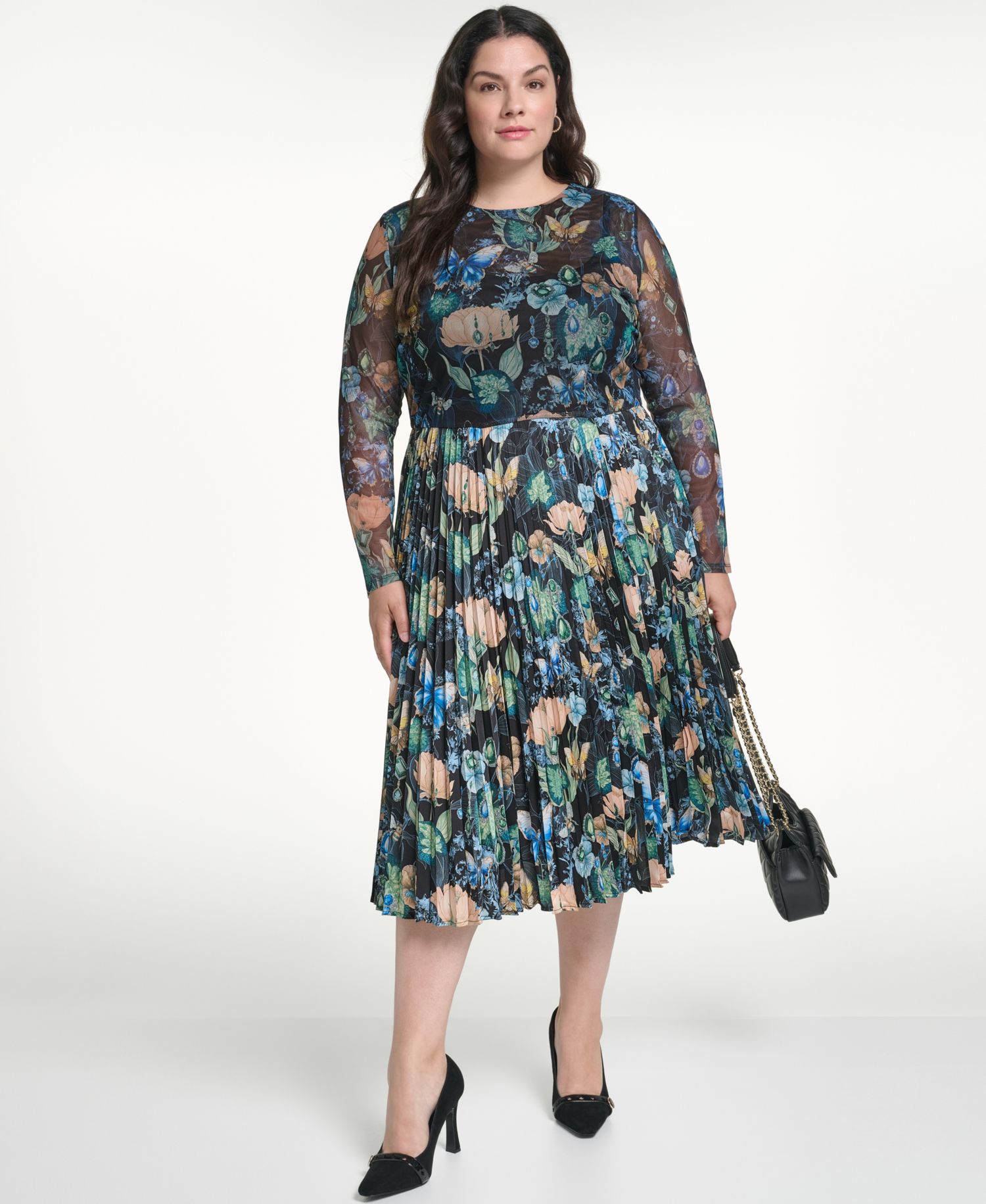 Plus Size Mixed Media Mesh Long-Sleeve Dress