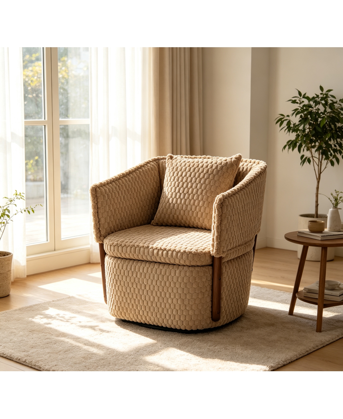Streamdale Furniture Mid Century Modern 360 Swivel Accent Chair with Storage and Waist Cushion - Khaki